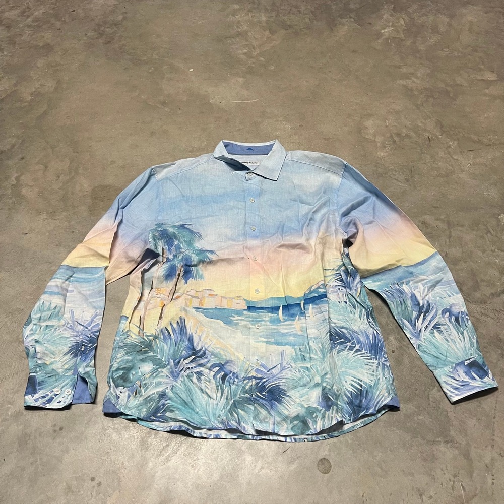 Tommy Bahama Mens Large Linen Beach Scene Tropical Long Sleeve Shirt T322747